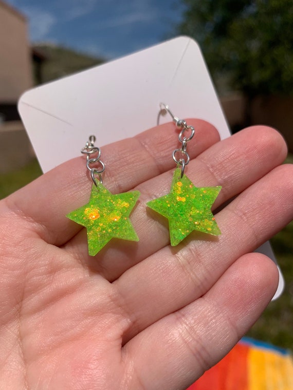 Neon Lime Green Sparkly Star Earrings | Handmade Dainty Resin Jewelry | Blacklight Reactive Rave Accessories | Sterling Silver Gifts