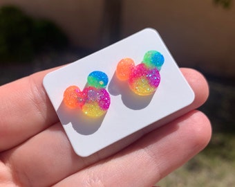 Neon Rainbow Mouse Stud Earrings | Handmade Colorful Resin Jewelry | LGBTQ Pride Accessories | Sparkly Hypoallergenic Mouse Gifts