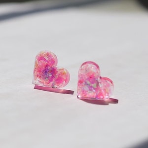 Chunky Sparkly Pink Heart Stud Earrings | Handmade Resin Jewelry | Unique Girly Accessories | Stainless Steel Gifts