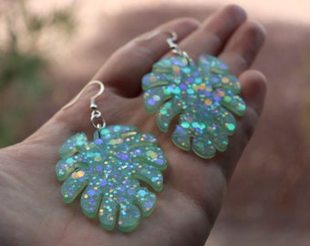 Green Monstera Leaf Earrings | Handmade Sparkly Statement Earrings | Big Dangle Drop Bohemian Resin Earrings | Monstera Leaf Jewelry