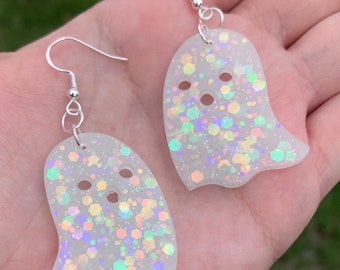 Glow in the Dark Glitter Ghost Earrings | Handmade Spooky Dangle Earrings | Halloween Jewelry | Boo Accessories | Nickel-Free Resin Earrings