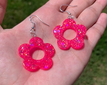 Pink Neon Flower Earrings | Handmade Sparkly Pink Daisy Earrings | UV Blacklight Reactive Dangly Floral Earrings | Flower Power Jewelry
