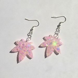 Pastel Pink Sparkly Weed Leaf Earrings, Handmade Resin Pot Leaf Hooks w/Holographic Glitter, Hypoallergenic Fishhooks