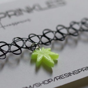 Neon Yellow Glow Weed Leaf Choker Necklace, Glows in the Dark & UV Light, 90s Tattoo Elastic Choker w/ Handmade Marijuana Resin Pendant