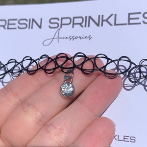 Clear Rhinestone Tattoo Choker | Round Faceted April Birthstone Glass Gemstone Charm | 90s & Y2K Tattoo Style Stretchy Elastic Necklace