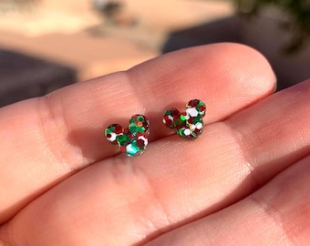 Dainty Sparkly Christmas Mouse Stud Earrings | Handmade Stainless Steel Holiday Jewelry | Cute Glitter Winter Accessories