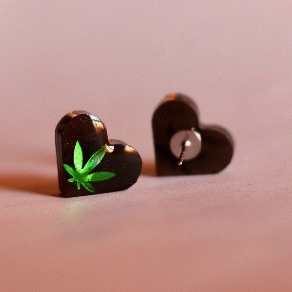 Handmade Chunky Black Heart Weed Leaf Stud Earrings | Stainless Steel Jewelry | 420 Accessories | Stoner Gift