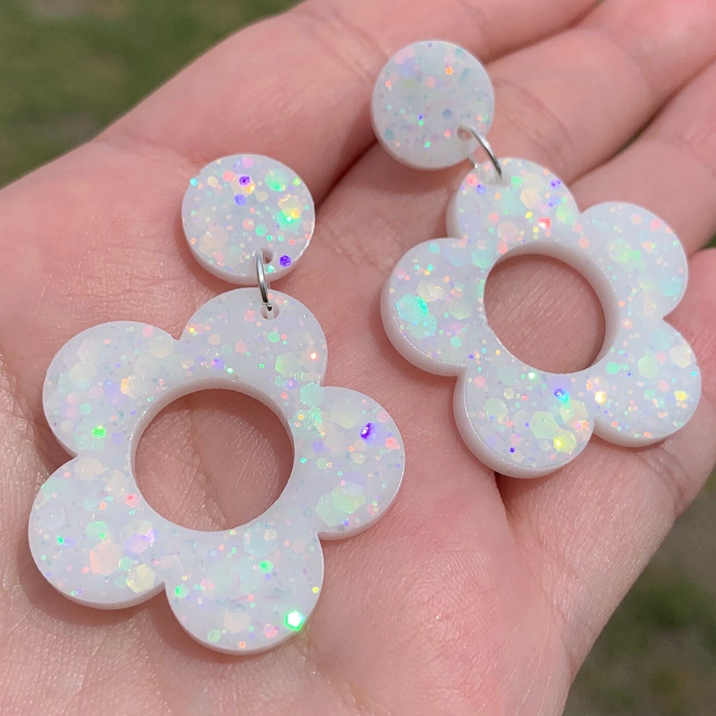 Holographic White Dangle Drop Daisy Stud Earrings | Handmade