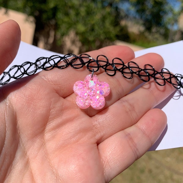 Pastel Pink Sparkly Flower Tattoo Choker Necklace | Handmade Retro Daisy Accessories | Resin Floral Jewelry | 90s Gothic Gifts