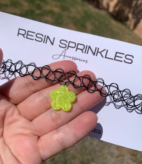 Neon Yellow Sparkly Flower Choker Necklace Handmade Daisy Tattoo Choker  UV Blacklight Reactive Choker Fun Rave Accessories
