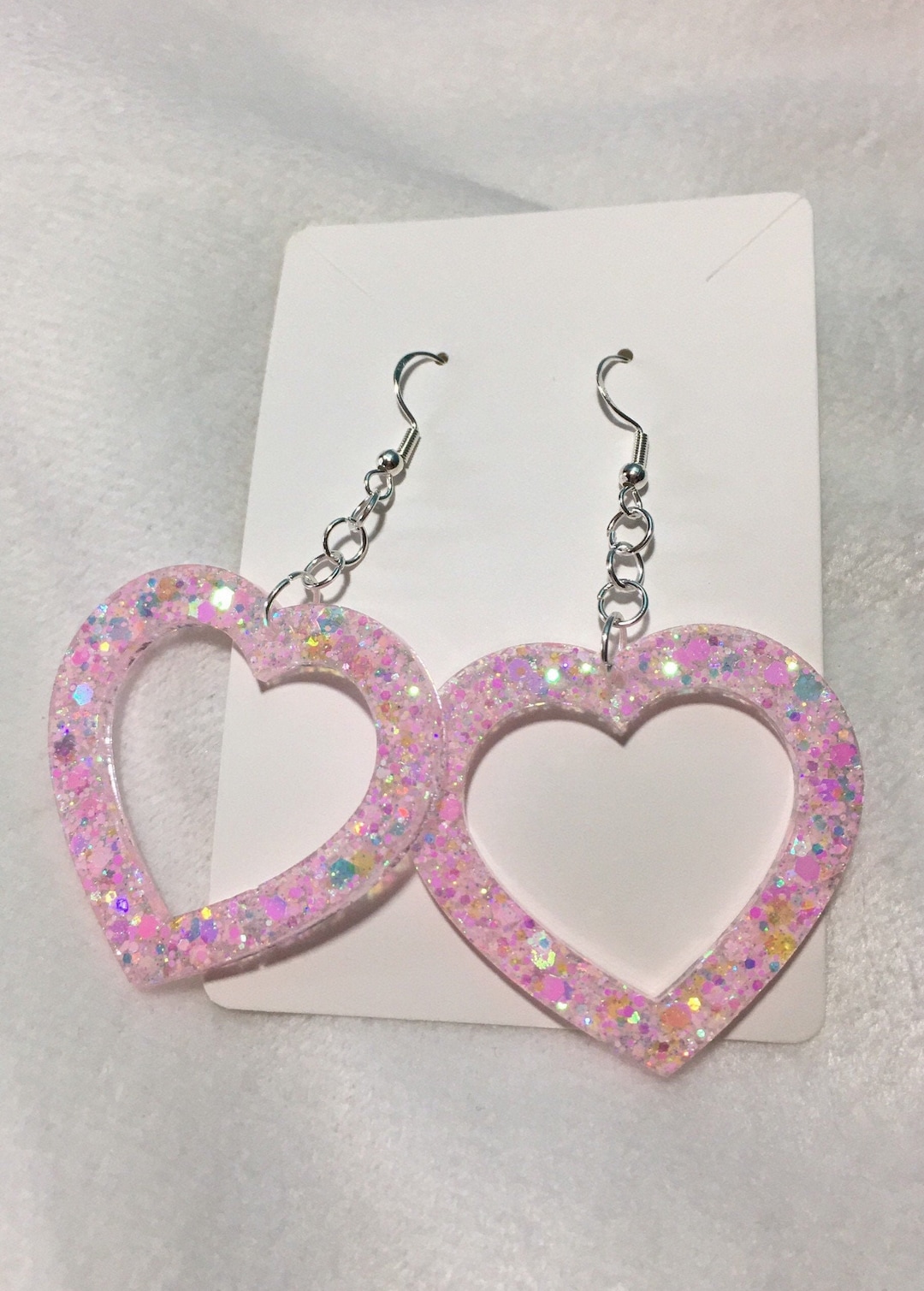 Pastel Pink Glitter Heart Earrings Handmade Iridescent Open Heart