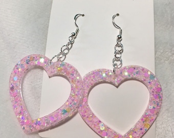 Pastel Pink Glitter Heart Earrings | Handmade Iridescent Open Heart Dangle Earrings | Hypoallergenic Resin Jewelry | Unique Kawaii Gifts