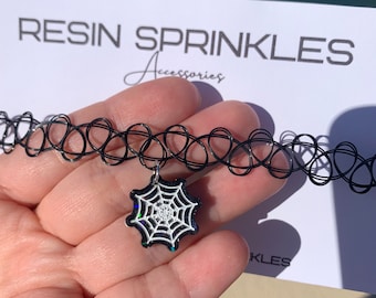 Black Spider Web Tattoo Choker Necklace | 90s Choker Necklace w/ Handmade Glitter Spider Web | Spooky Gothic Jewelry | Retro Emo Gifts