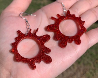 Red Sparkly Blood Splatter Horror Earrings | Handmade Spooky Halloween Earrings | Blood Splat Resin Earrings | Creepy Bloody Jewelry