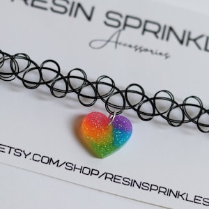 Neon Rainbow Glitter Heart Tattoo Choker Necklace | 90s Choker Necklace w/ Handmade Resin Heart | LGBTQ Pride Jewelry | Retro Accessories
