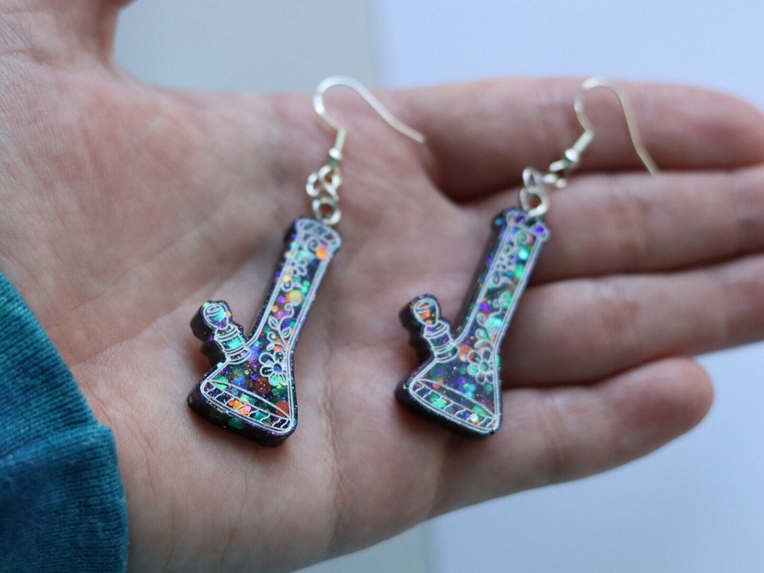 Black Sparkly Floral Bong Earrings Handmade Resin Stoner Etsy