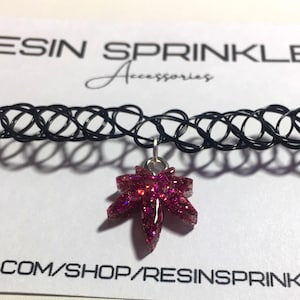 Pink Sparkly Weed Leaf Choker Necklace | 90s Tattoo Choker Necklace w/ Handmade Resin Marijuana Leaf Charm | 420 Jewelry | Stoner Girl Gift