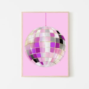 Pink disco ball poster, pink wall art, dorm decor, trendy room decor, digital download