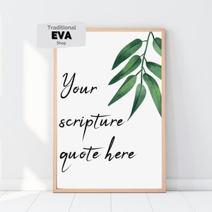 Puede incluir: Una impresión enmarcada con fondo blanco, con hojas verdes de acuarela y el texto "Your scripture quote here" en escritura negra. El marco es de color madera clara. La esquina superior izquierda tiene una etiqueta blanca con el texto "Traditional EVA Shop".