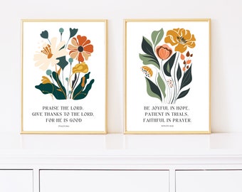 Christian Floral Set of 2, Bible Verse Wall Poster Set, Botanical Scripture Print, Christian Wall Art, Retro Decor