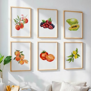 Kitchen Wall Art Set of 8 | Vintage Fruit Prints | Farmhouse Decor | Retro Food Prints | Dining Room Wall Art | Printable Art