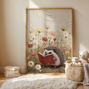 Hedgehog Reading Art Print, Kids Reading Nook Decor, Wildflower Animal Printable, Study Room or Classroom Wall Art, Nursery Learning Decor