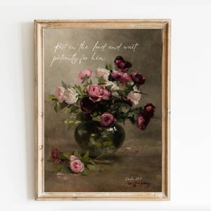 Rest in the Lord Scripture Wall Art, Vintage Roses, Gift Women Psalm 37 7, Bible Verse Printable Wall Art, Christian, Nursery, Bible Verse,