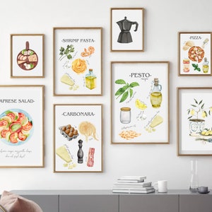 italian kitchen wall decor | kitchen wall art set of 8 PRINTABLES  |pesto recipe | digital download | kitchen prints | italian wall art