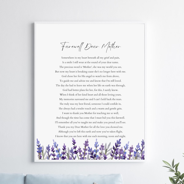 Farewell Dear Mother | Funeral Printable Poem, Digital Download, Grief Quote, A Letter from Heaven, Bereavement Messages, Sympathy Gift