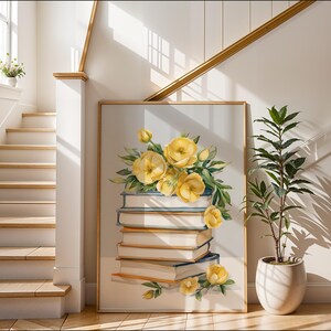 Yellow Books and Flowers Print: Cozy Reading Nook Art (Digital Download)