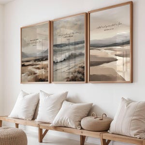 Set of 3 Printable Bible Verse Wall Art | Isaiah 43 2, Psalm 37:7, Ephesians 3 17-19 | Vintage Oil Painting of Sea | Christian Home Decor