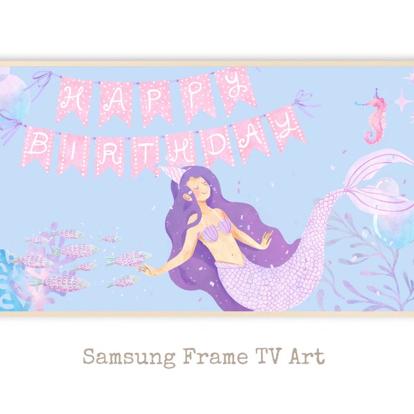 Mermaid Happy Birthday Girl Frame Tv Art, Princess Mermaid Bday Frame Tv Art,Happy Birthday Art for Samsung TV,Birthday