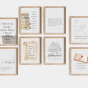 Set of 15 gallery wall set, Bookish Prints, Book Wall Art | Book Lover Gift | Gallery Wall | Library Decor | Minimalist Line Art, quote art