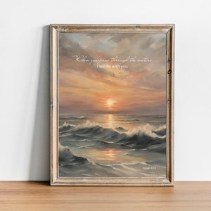 Scripture Wall Art Isaiah 43 2, Bible Verse Wall Art, Christian Wall Art, Printable, Modern Scripture, Deep Waters, Vintage Ocean, Sea print