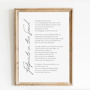 Poème Footprints in the Sand, Affiche de prière pour Christian Home Decor, Christian Wall Art Print, Écriture inspirante