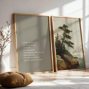 Set of 2 Vintage Painting & &quot;The Shape of Water&quot; Poem, Nature Wall Art, Rustic Landscape Vintage Prints, Old Pine, Instant Download