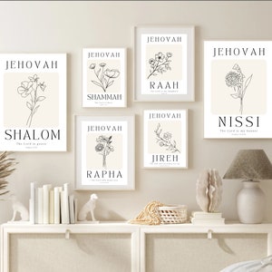 Set of 6 Christian printable wall art, Modern minimalist bible wall art print, Jehovah Jireh Rapha Shalom Shammah Nissi Raah