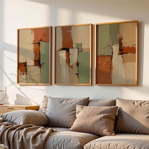 Set of 3 Vintage Abstract Art Prints: Olive Green & Burgundy (Digital Download