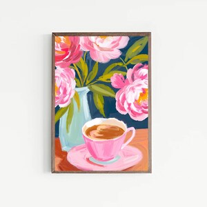 Kawa i piwonie Wydruk, Kawa dziewczęca ilustracja vintage malarstwo, Retro Wall Art, Pobierz sztukę, Dekoracja dla miłośników kawy, Modny plakat retro