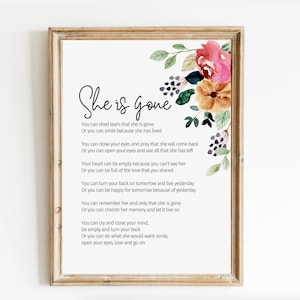 She is Gone / David Harkins Poema imprimible, descarga digital, cita de duelo, una carta del cielo, mensajes de duelo, regalo de simpatía