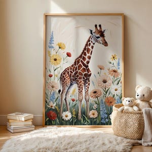 Whimsical Giraffe Painting - Rich Colors, Wildflower Meadow Art, Cute Woodland Animals, PRINTABLE Nursery decor