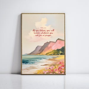 Matthew 21 22 Bible Verse Print – Pink Beach Christian Wall Art – Girly Scripture Quote – Prayer Faith Printable – Digital Download Decor