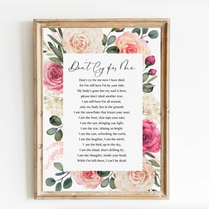 Don&#39;t Cry For Me Memorial Poem. Celebration of Life, Funeral Remembrance Poem, Digital Download, Grief Quote, Bereavement Messages
