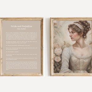 Jane Austen Art Set of 2 | Pride and Prejudice First page Wall Art | Jane Austen Quote Printables | Vintage Poster Print | Instant Download