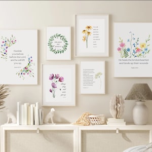Modern Scripture Wall Art, Set of 15 Psalms Prints, Psalms Bible Verse Quotes, Botanical Floral Art Prints, Scripture quotes, bible wall art
