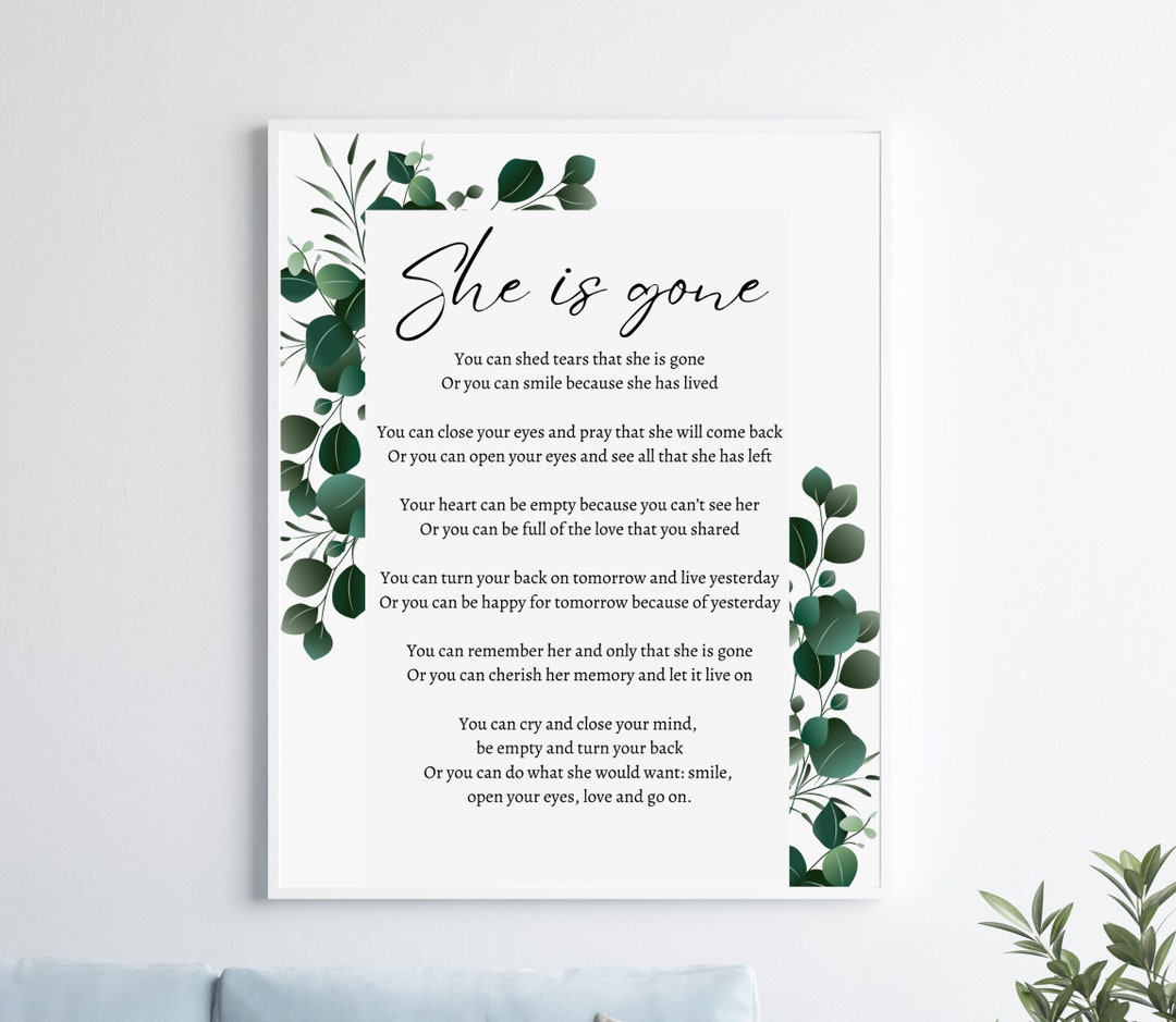 She is Gone David Harkins Printable Poem, Digital Download, Grief Quote, A Letter From Heaven
