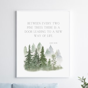 Zwischen zwei Tannenbäumen befindet sich eine Tür zu einer neuen Lebensart. Kunst, John Muir Zitat, Berge Druck, Inspirierender Druck, Büro Dekor