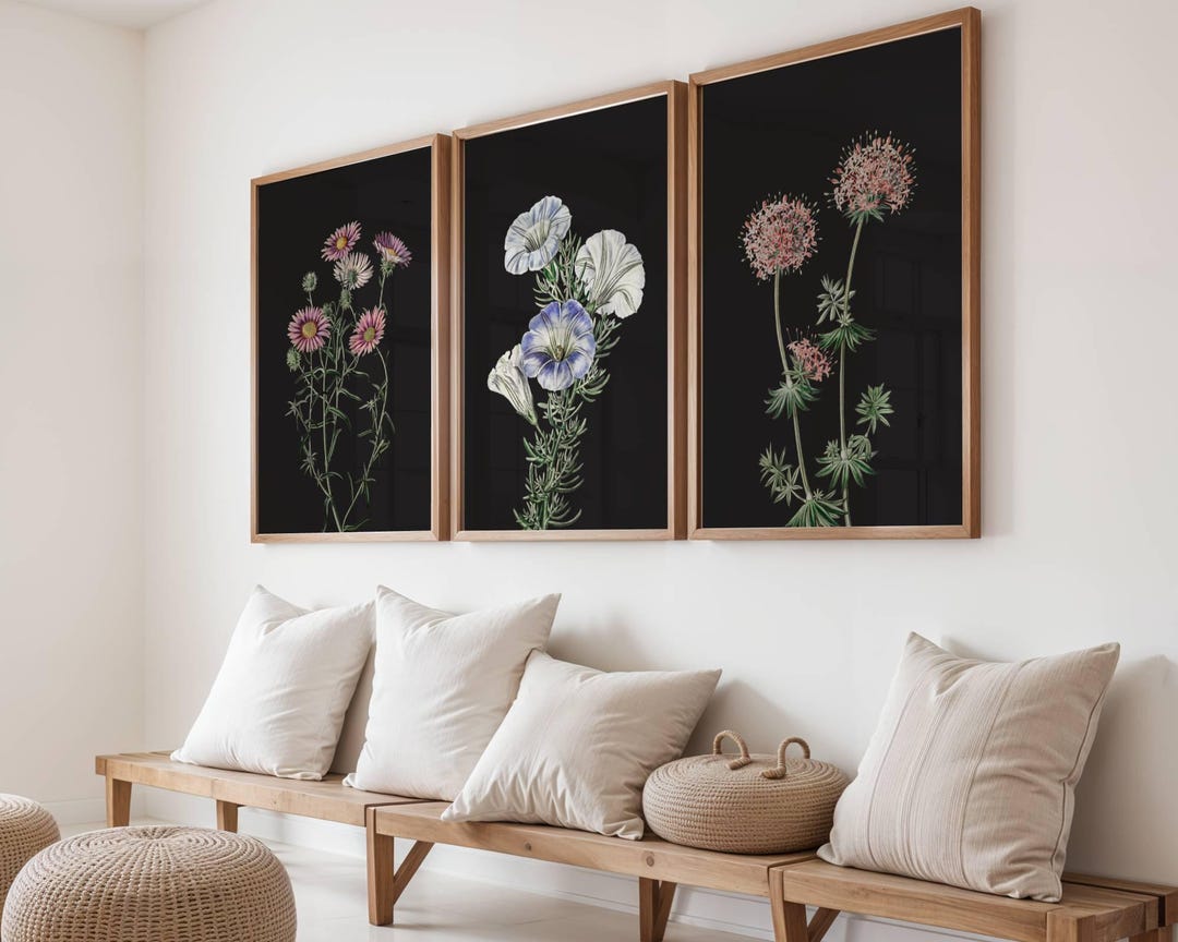 Dark Botanical Gallery Wall Art | 3 Piece Wall Art | Moody Floral Print ...