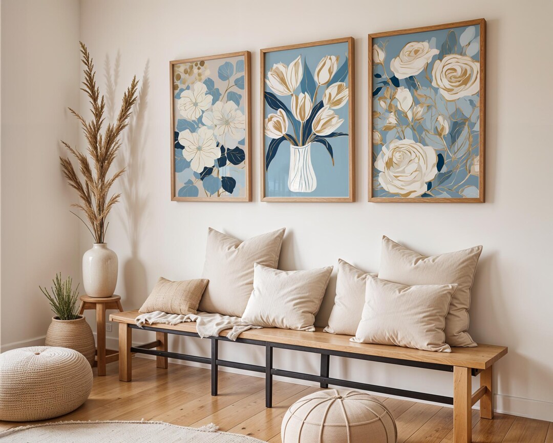 Abstract Light Blue and Gold Floral Wall Art | Set of 3 Prints ...