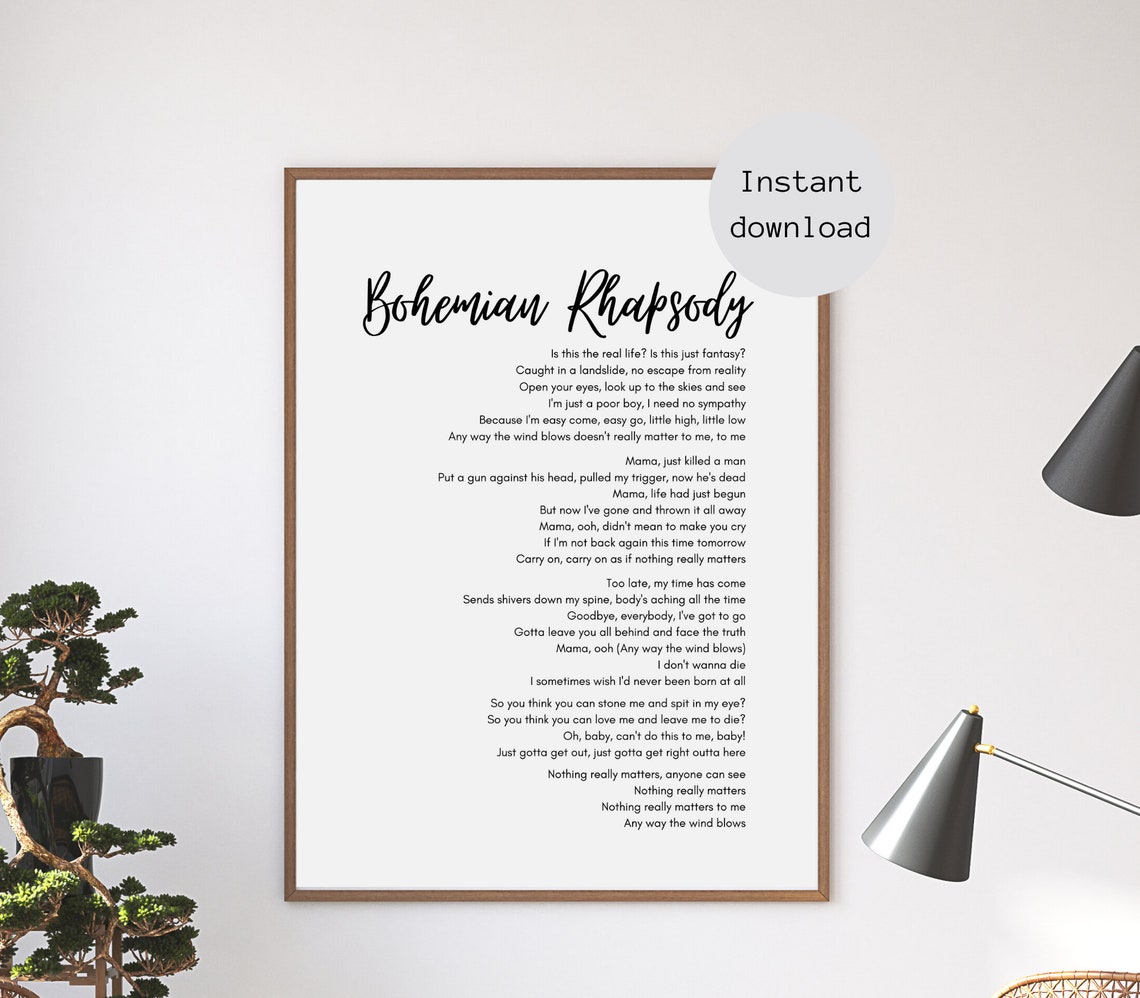 Bohemian Rhapsody Print Bohemian Rhapsody Song Lyrics Art - Etsy India